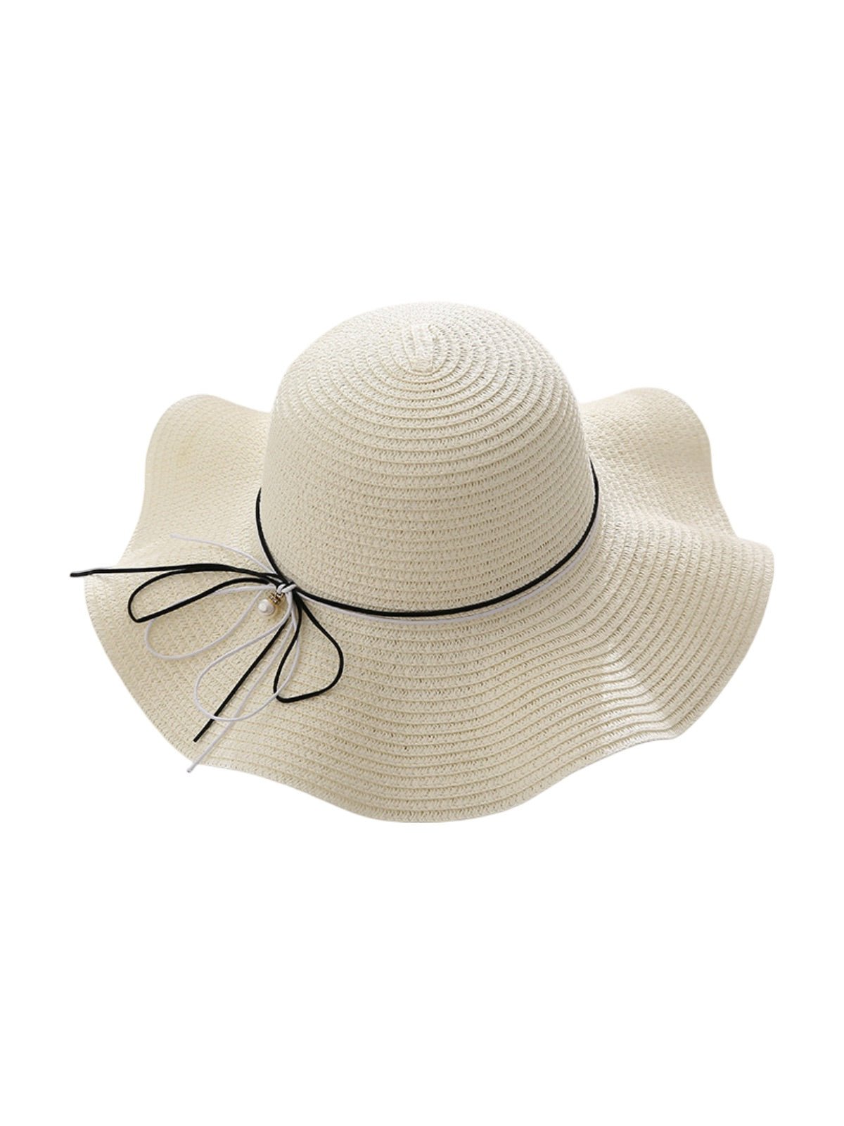 Chapeau de paille femme, large bord, protection solaire, ruban et perle décoratif, idéal pour été et plage, modèle Morgane - Chapeau de paille - Blanc