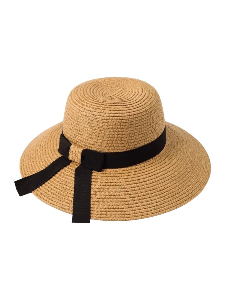 Chapeau de paille panama, femme, large bord, anti UV, à nœud noir, plage été, pliable et respirant, modèle Rachel - Chapeau de paille - Beige