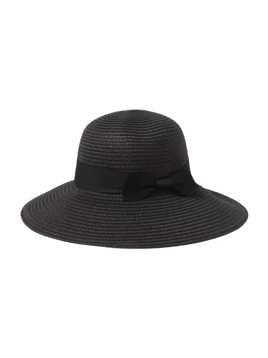 Chapeau de paille panama noir, pour femme, large bord, protection solaire UPF40+, nœud décoratif, été plage, modèle Stella - Chapeau de paille - Noir