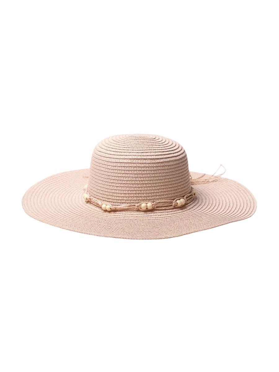Chapeau de paille panama pour femme, été, chapeau de plage à large bord, décor perles, vacances, modèle Natacha - Chapeau de paille - Rose