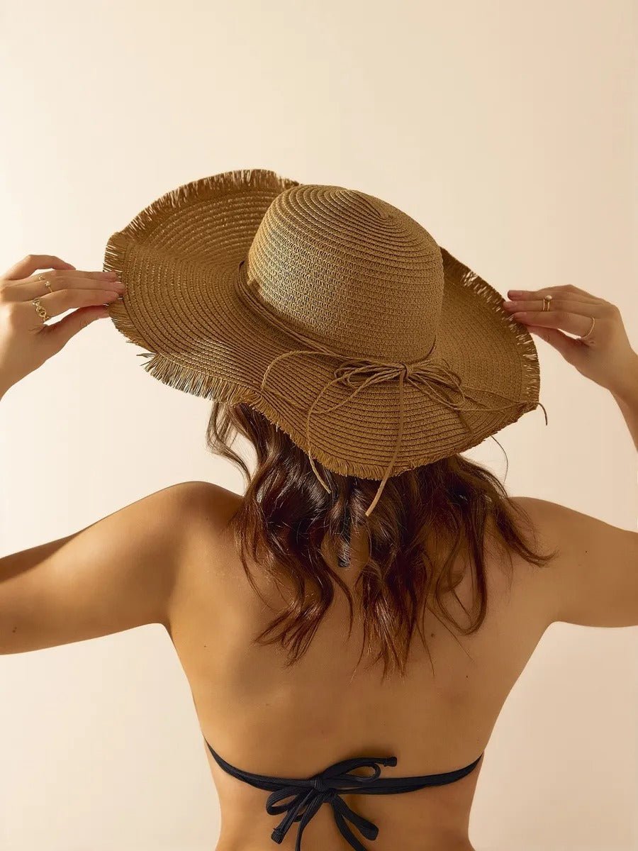 Chapeau de paille panama, pour femme, large bord, Anti - UV, idéal pour plage, ruban déco, léger et respirant, modèle Noémie - Chapeau de paille - Camel