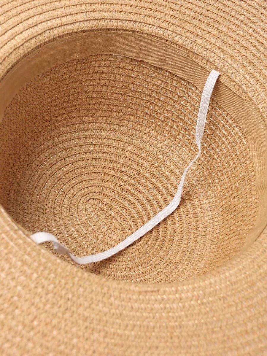 Chapeau de paille panama, pour femme, large bord, Anti - UV, idéal pour plage, ruban déco, léger et respirant, modèle Noémie - Chapeau de paille - Camel