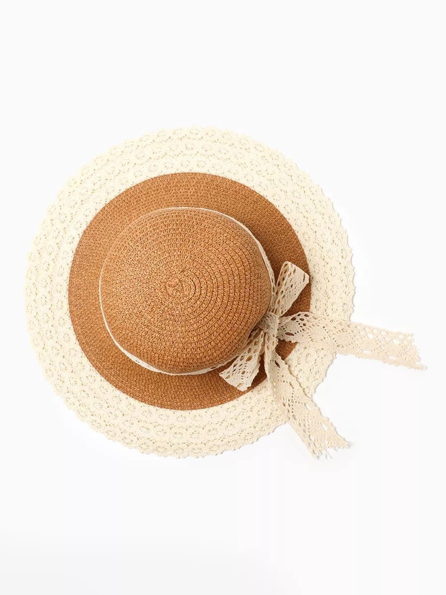 Chapeau de paille panama pour femme, ruban dentelle, large bord, été plage, accessoire solaire, modèle Alice - Chapeau de paille - Beige