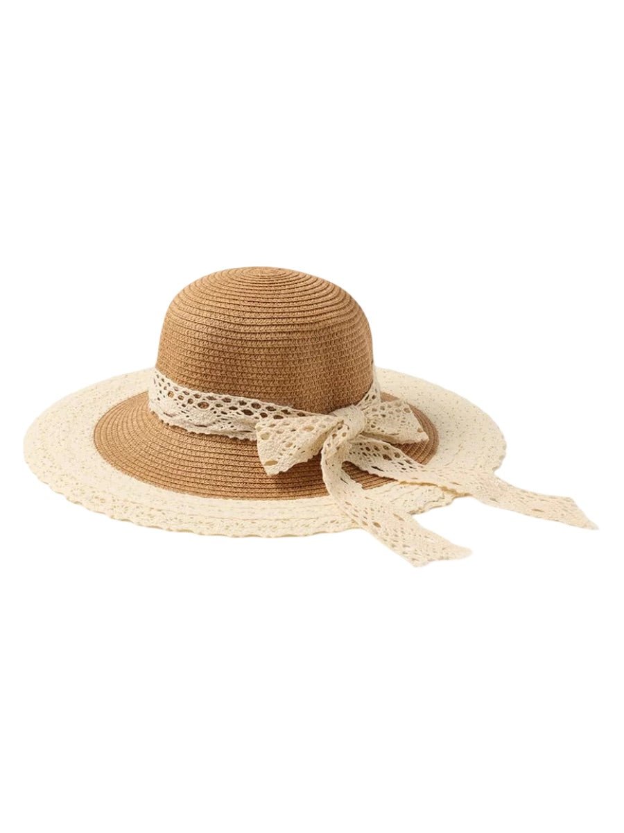 Chapeau de paille panama pour femme, ruban dentelle, large bord, été plage, accessoire solaire, modèle Alice - Chapeau de paille - Beige