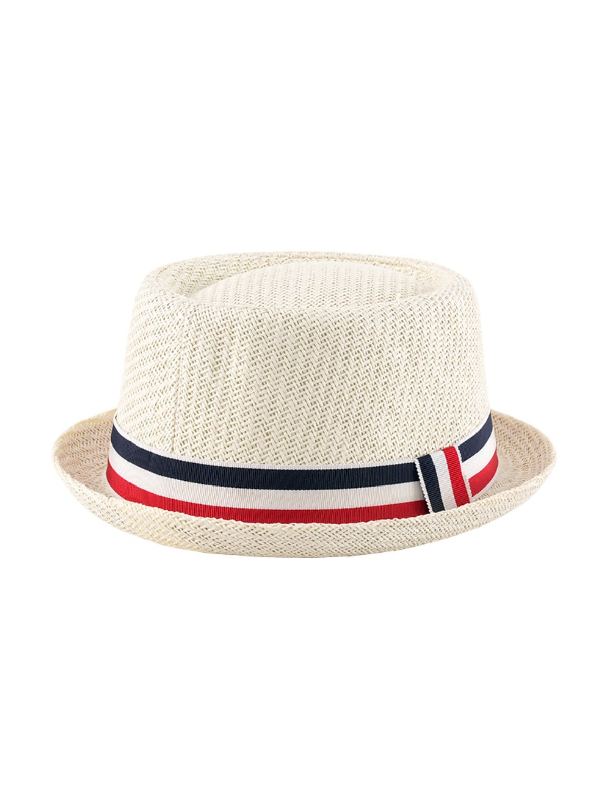 Chapeau de paille trilby, homme, à court bord, respirant, vintage, style panama, bande tricolore française, modèle Lucas - Chapeau de paille - Beige
