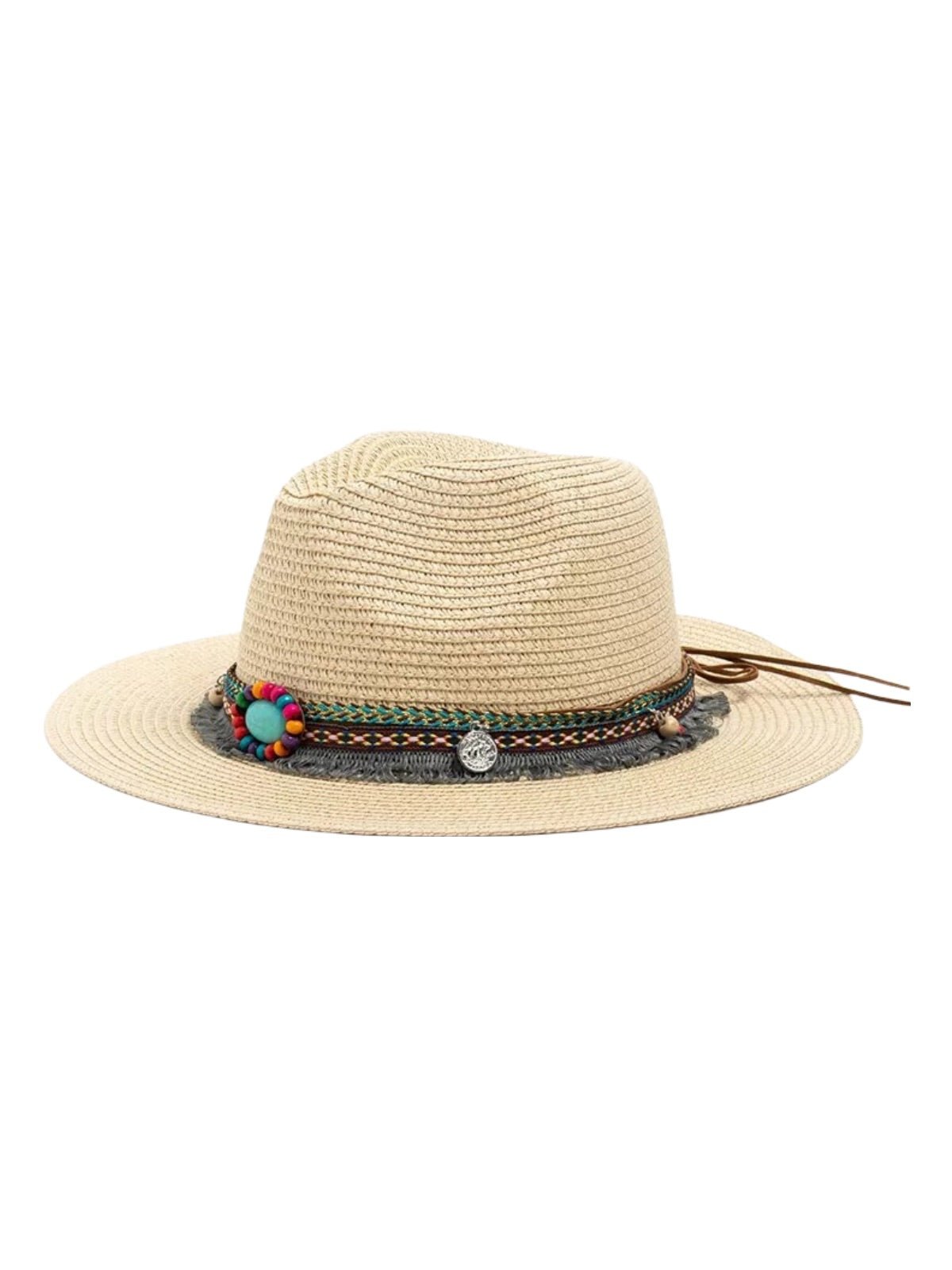 Chapeau de paille western pour femme, cowboy, plage bohème, été large bord, pierres naturelles, modèle Hermione - Chapeau de paille - Beige