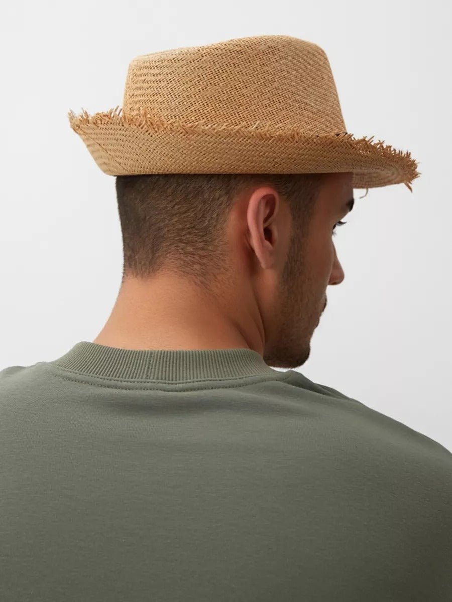 Chapeau paille homme, chapeau panama, à bord effiloché, fedora, idéal pour le soleil, modèle Valentin - Chapeau de paille - Camel