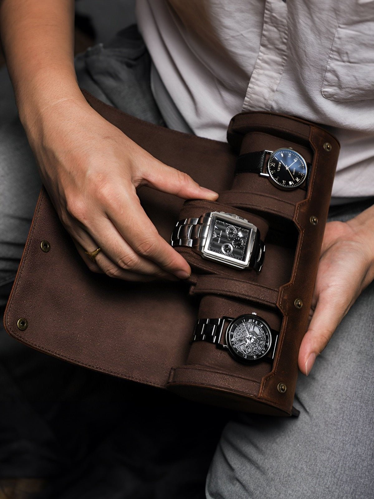 Coffret à montres, en cuir, aspect distingué, modèle Hugues - Coffret - Marron