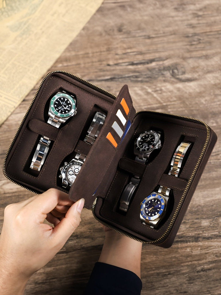 Coffret à montres, en cuir, porte carte intégré, modèle Maximian - Coffret - Café