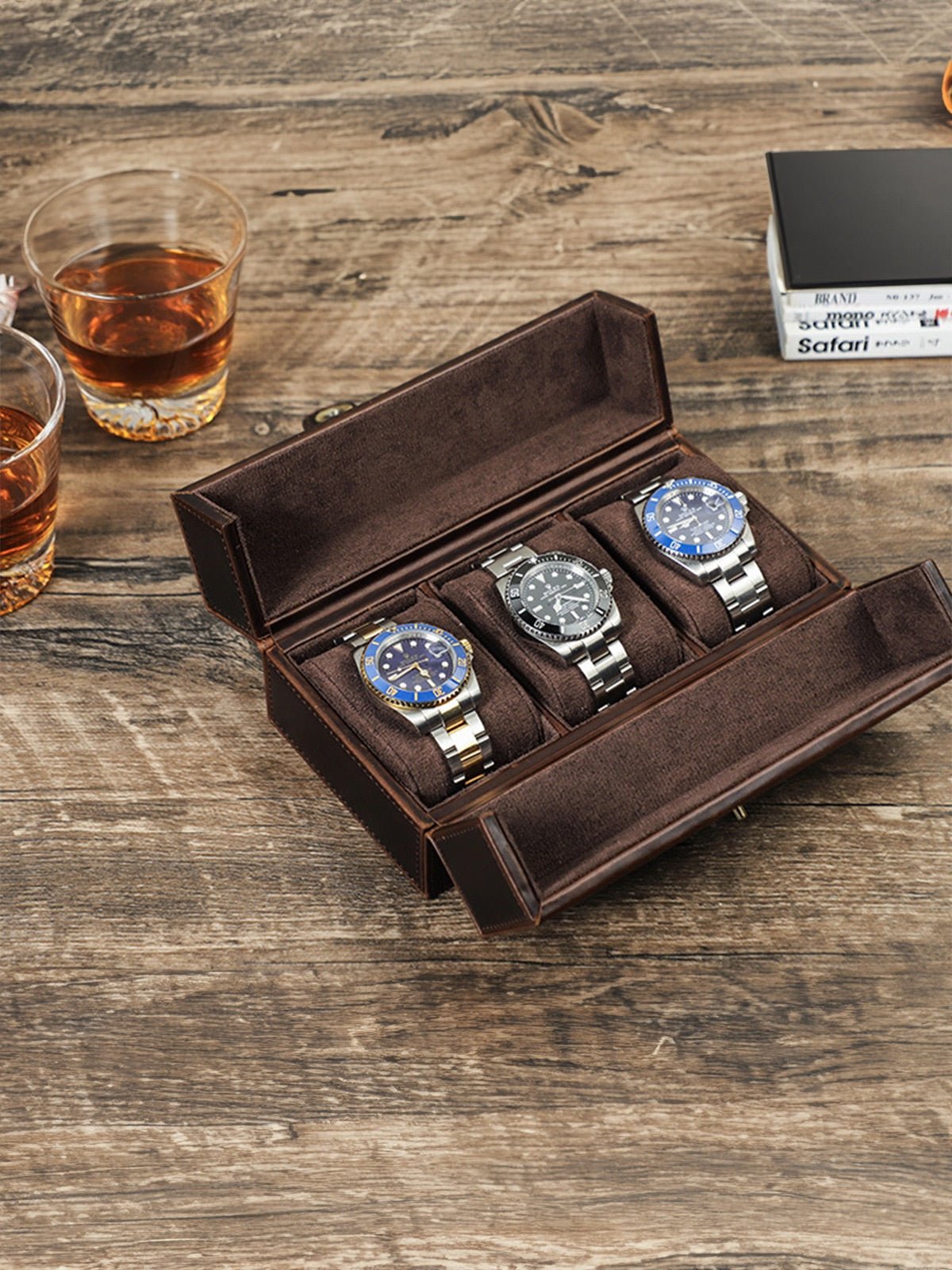 Coffret à montres, en cuir, triple capacité, modèle Candide - Coffret - Café