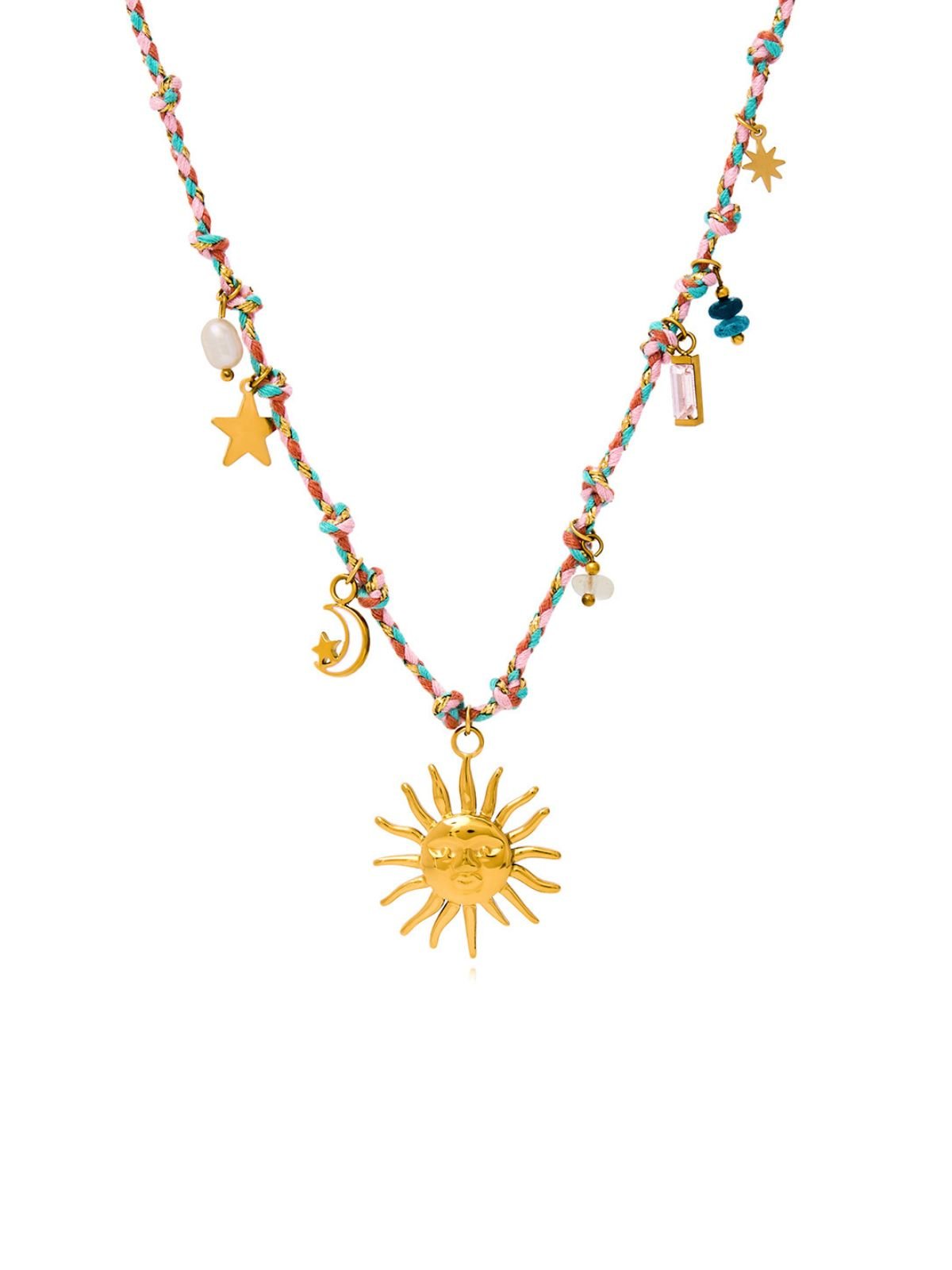 Collier à charms soleil, lune, breloques dorées, corde tressée, acier inoxydable, printemps été, modèle Gaëlle - Collier - Or 38 + 5 cm