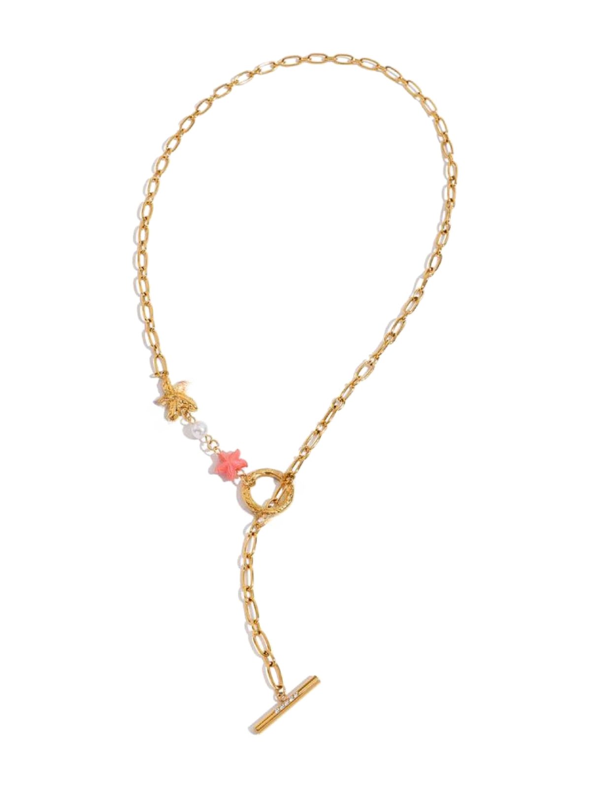 Collier chaîne acier doré, pendentifs coquillage et fleurs colorées, bijou plage femme, modèle Élouna - Collier - Or 57 cm