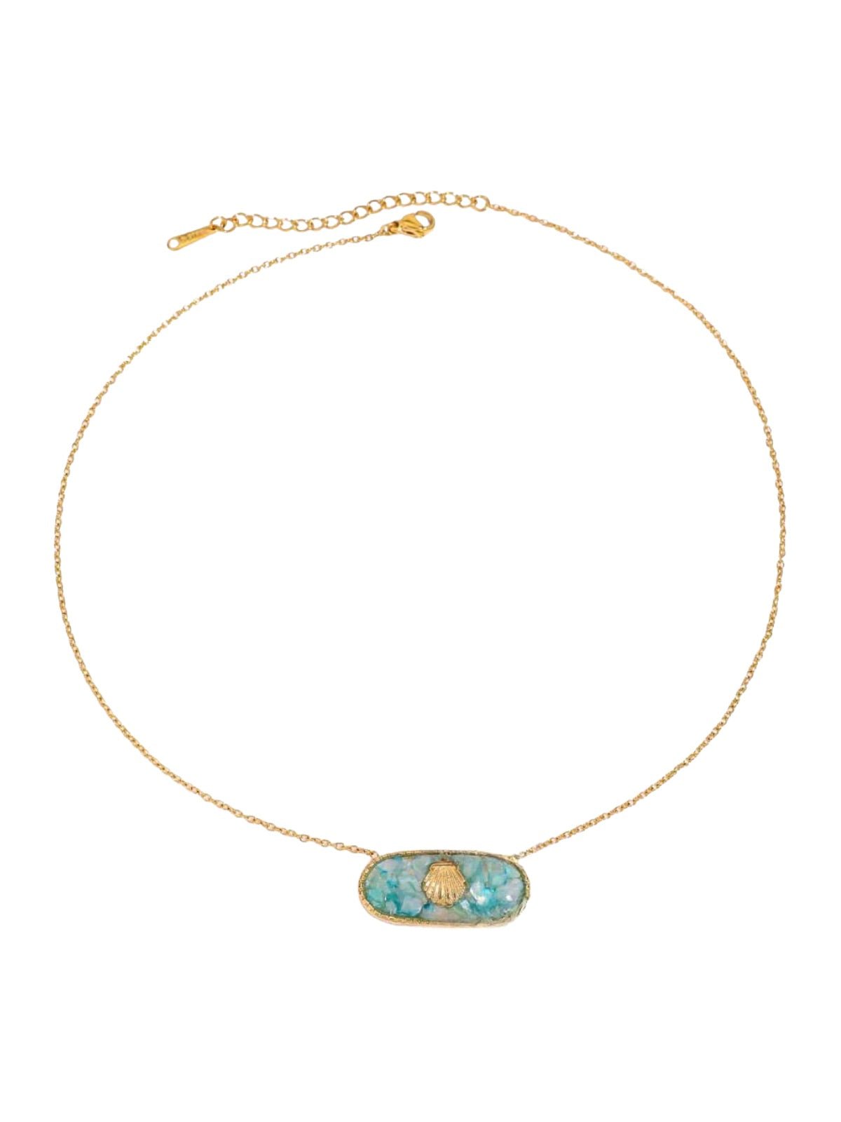 Collier coquillage doré, nacre colorée, chaîne fine, acier inoxydable, pendentif ovale, modèle Wendoline - Collier - Bleu 39 + 5 cm