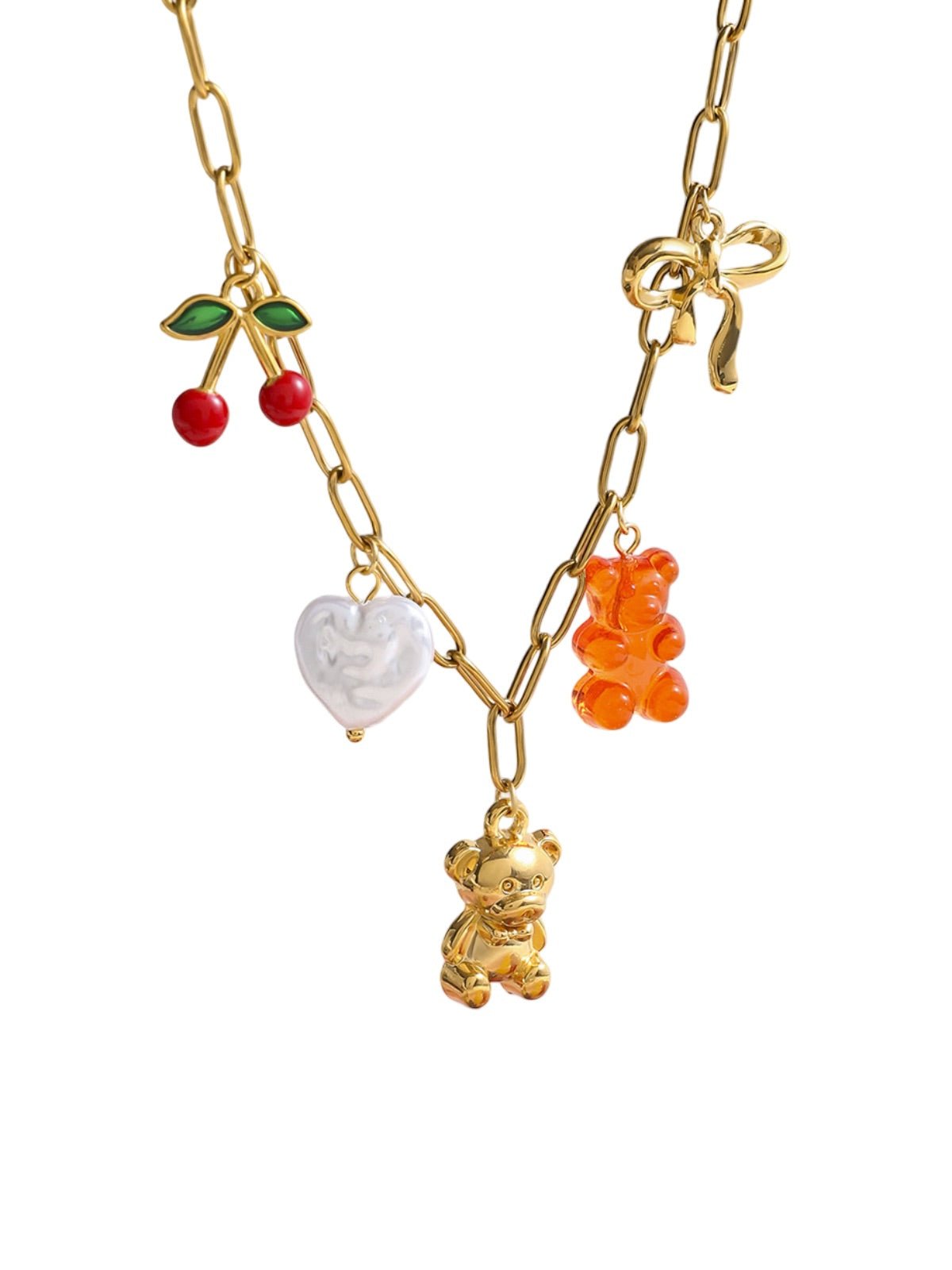 Collier doré, charms breloques cerise cœur ourson ruban, chaîne forçat, style ins, modèle Vina - Collier - Or 57 cm