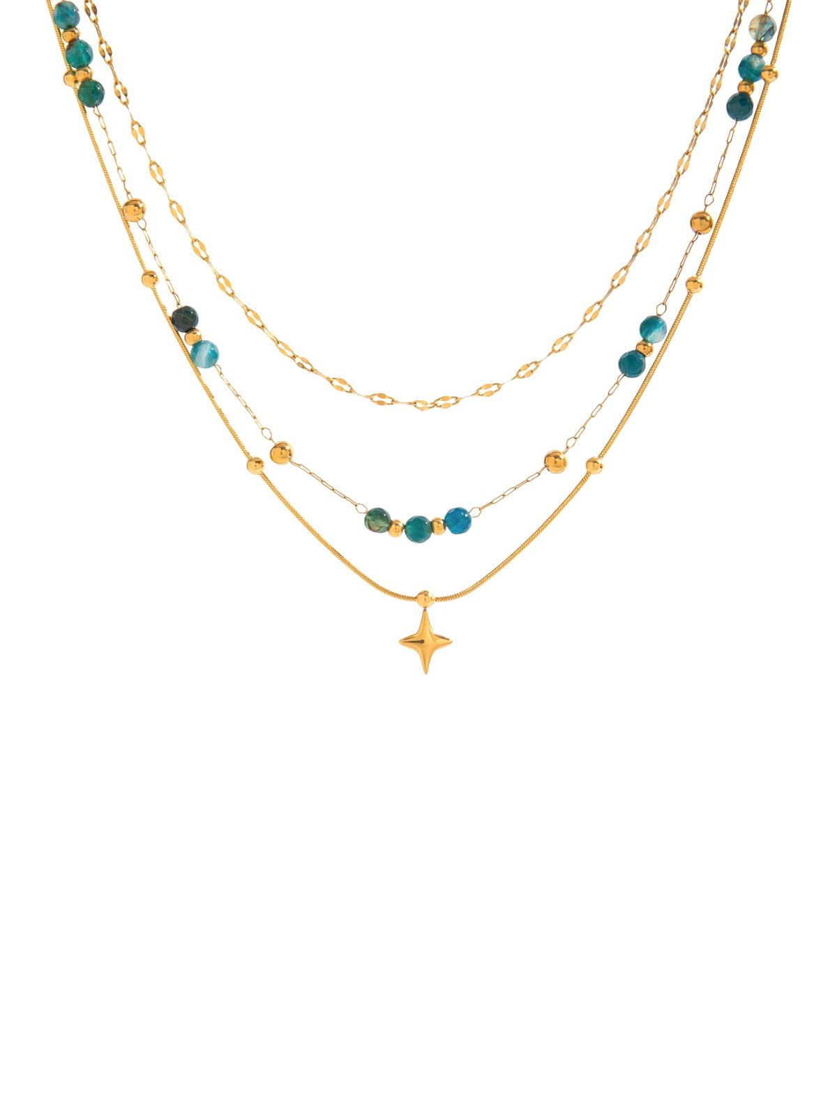 Collier doré, multirangs, perles de cristal bleues, pendentif étoile, acier inoxydable, modèle Itale - Collier - Or 40 + 5 cm