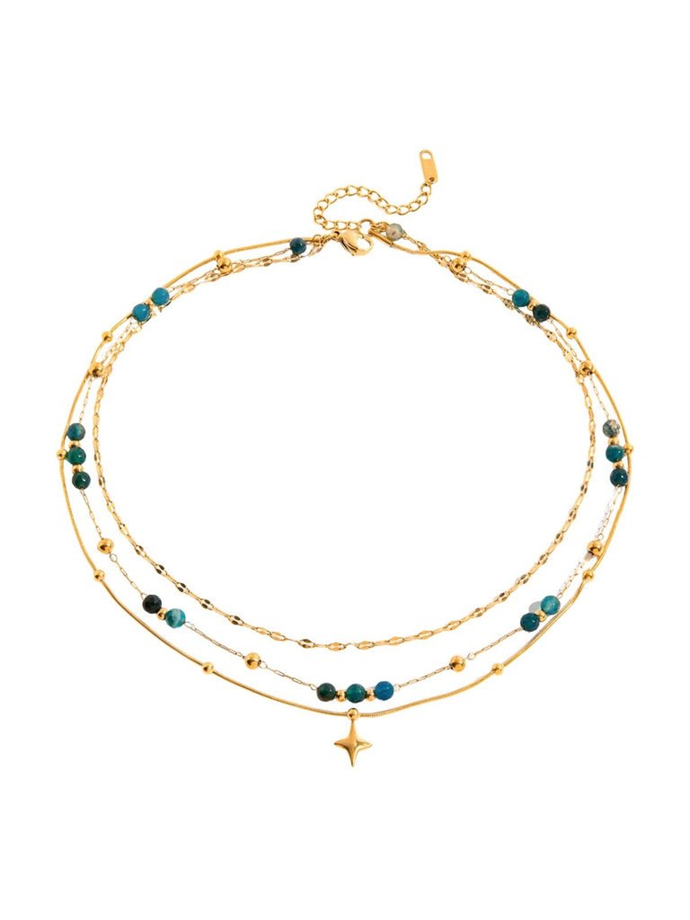 Collier doré, multirangs, perles de cristal bleues, pendentif étoile, acier inoxydable, modèle Itale - Collier - Or 40 + 5 cm