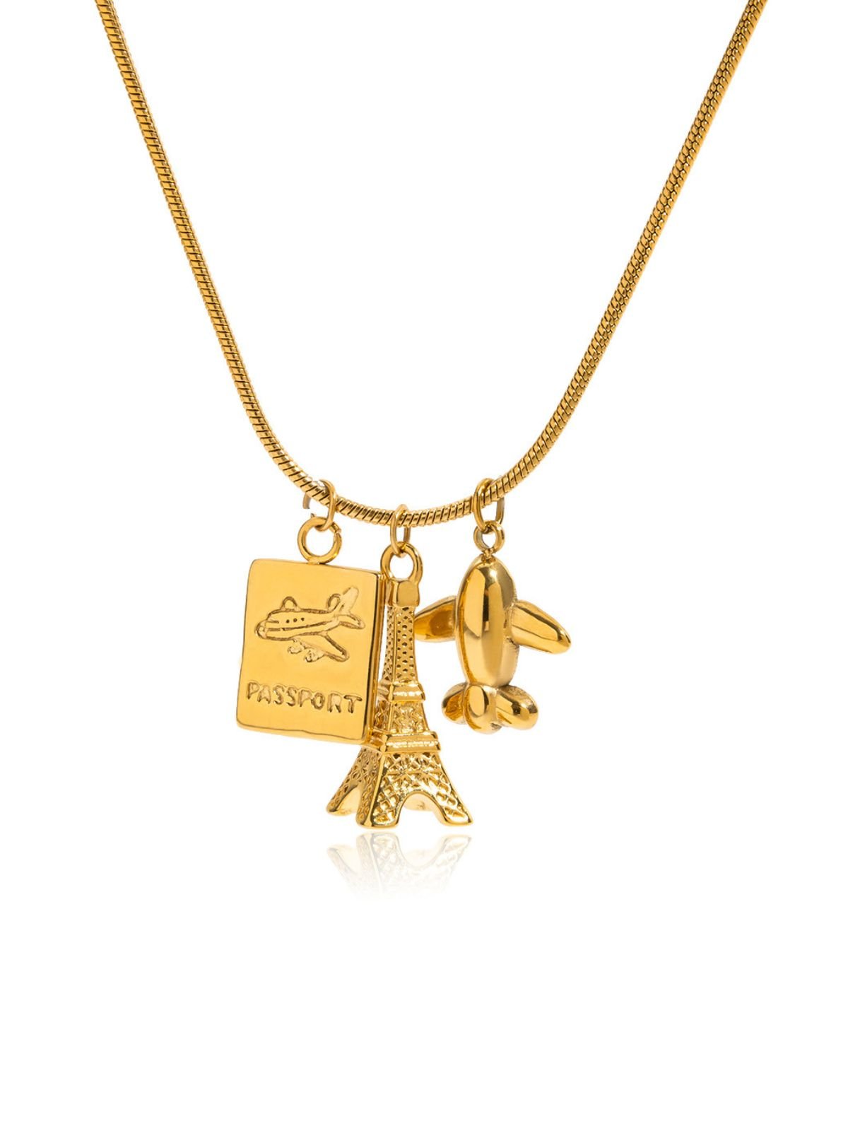 Collier doré, pendentifs voyage, avion, tour Eiffel, passeport, acier inoxydable, modèle Ninetta - Collier - Or 42 + 5 cm
