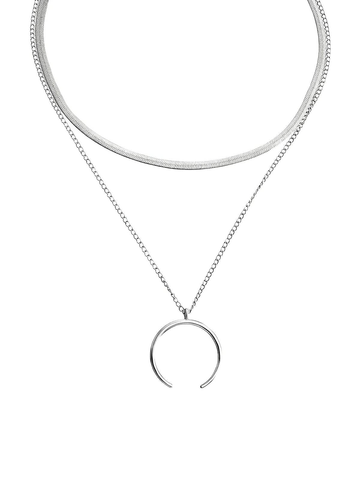 Collier double chaîne dorée femme, pendentif croissant, style vintage, chaîne plate brillante, look superposé, modèle Vanessa - Collier - Or 43 - 49cm