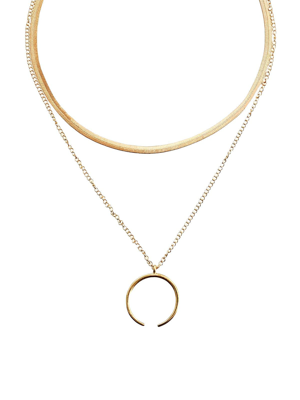 Collier double chaîne dorée femme, pendentif croissant, style vintage, chaîne plate brillante, look superposé, modèle Vanessa - Collier - Or 43 - 49cm