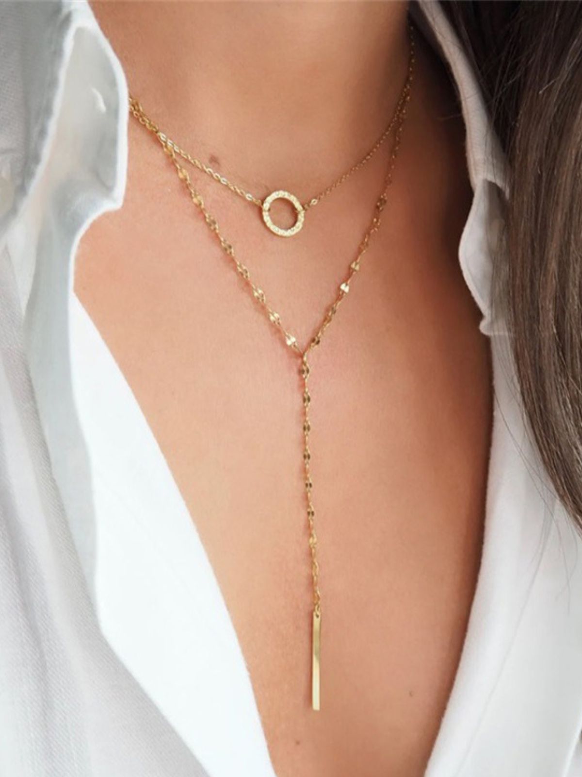 Collier double couche femme, acier inoxydable, pendentif géométrique, chaîne clavicule, style mode, modèle Mahée - Collier - Or 42 - 50cm