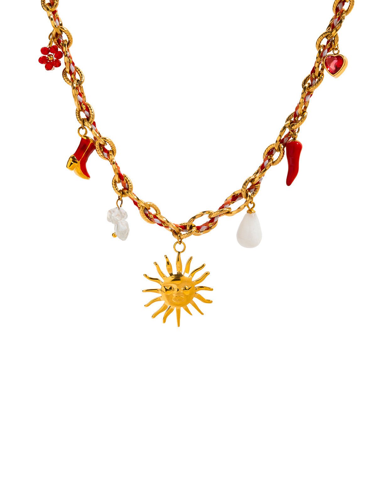 Collier en acier inoxydable doré, multiples charms, pendentif soleil, breloques colorées, fleur, piment, botte, goutte, coeur, style bohème chic, modèle Alva - Collier - Or