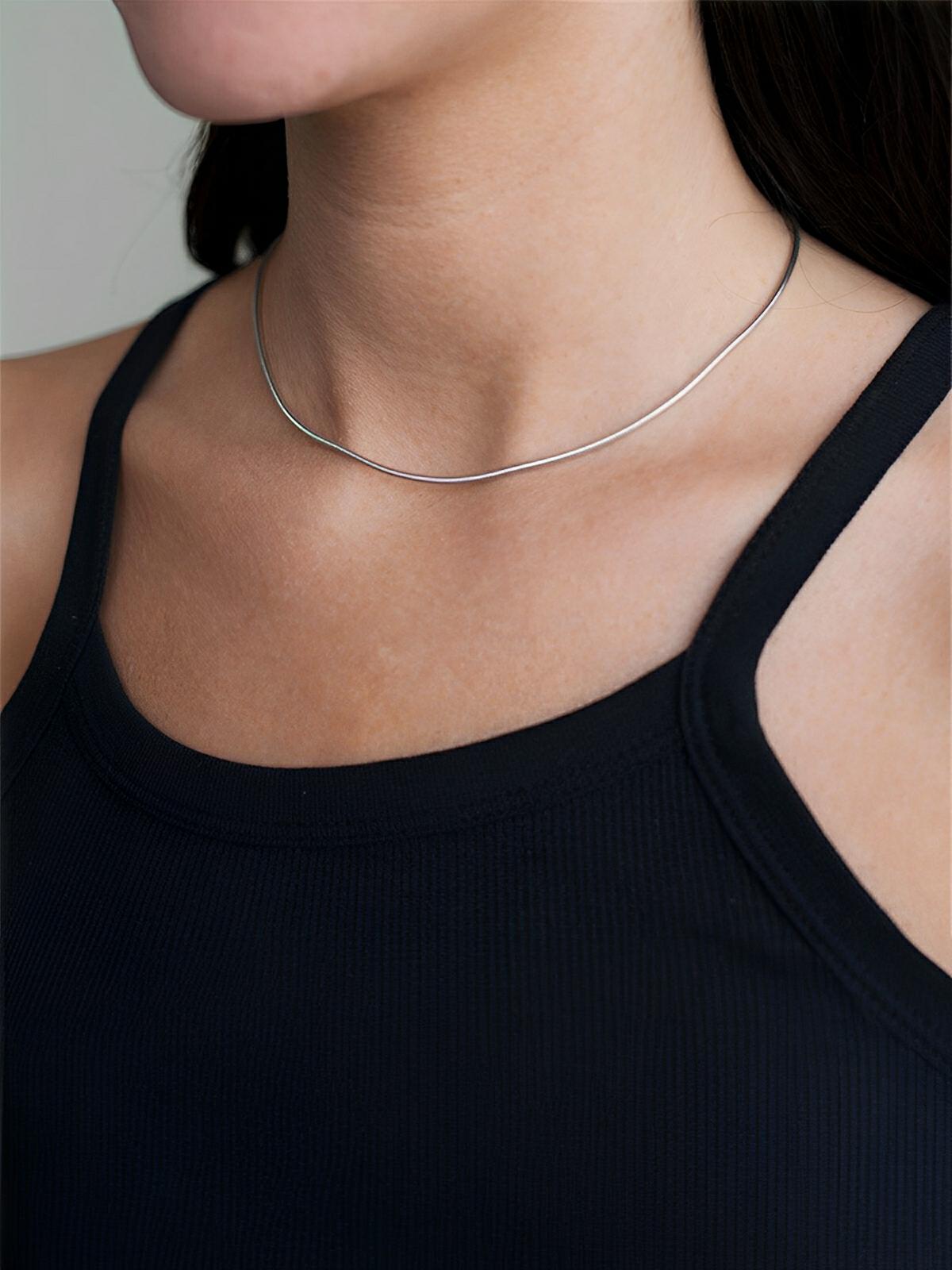 Collier long femme, acier inoxydable, plaqué or 18 carats, chaîne serpent, style minimaliste, modèle Odette - Collier - Argent 35 + 3 cm