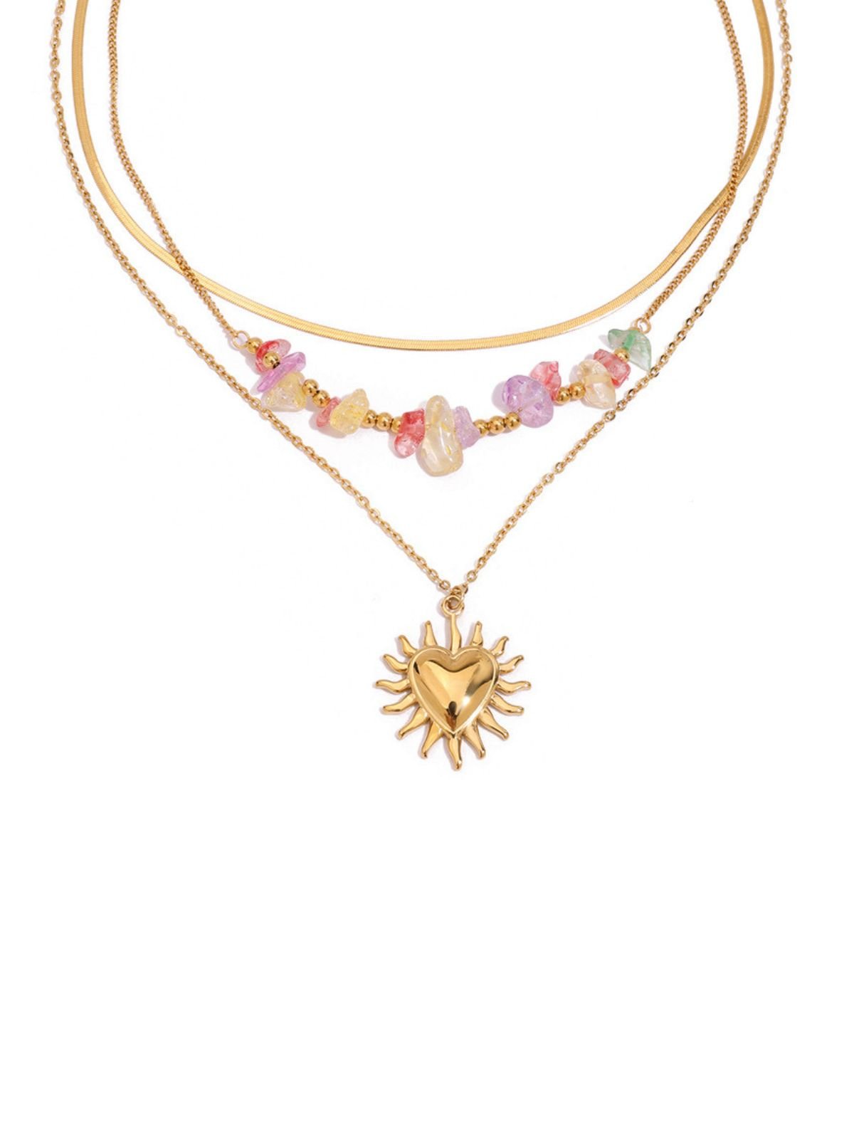 Collier multirang doré, pendentif cœur soleil, pierres naturelles colorées, acier inoxydable, modèle Anne - Collier - Or 45 + 5 cm