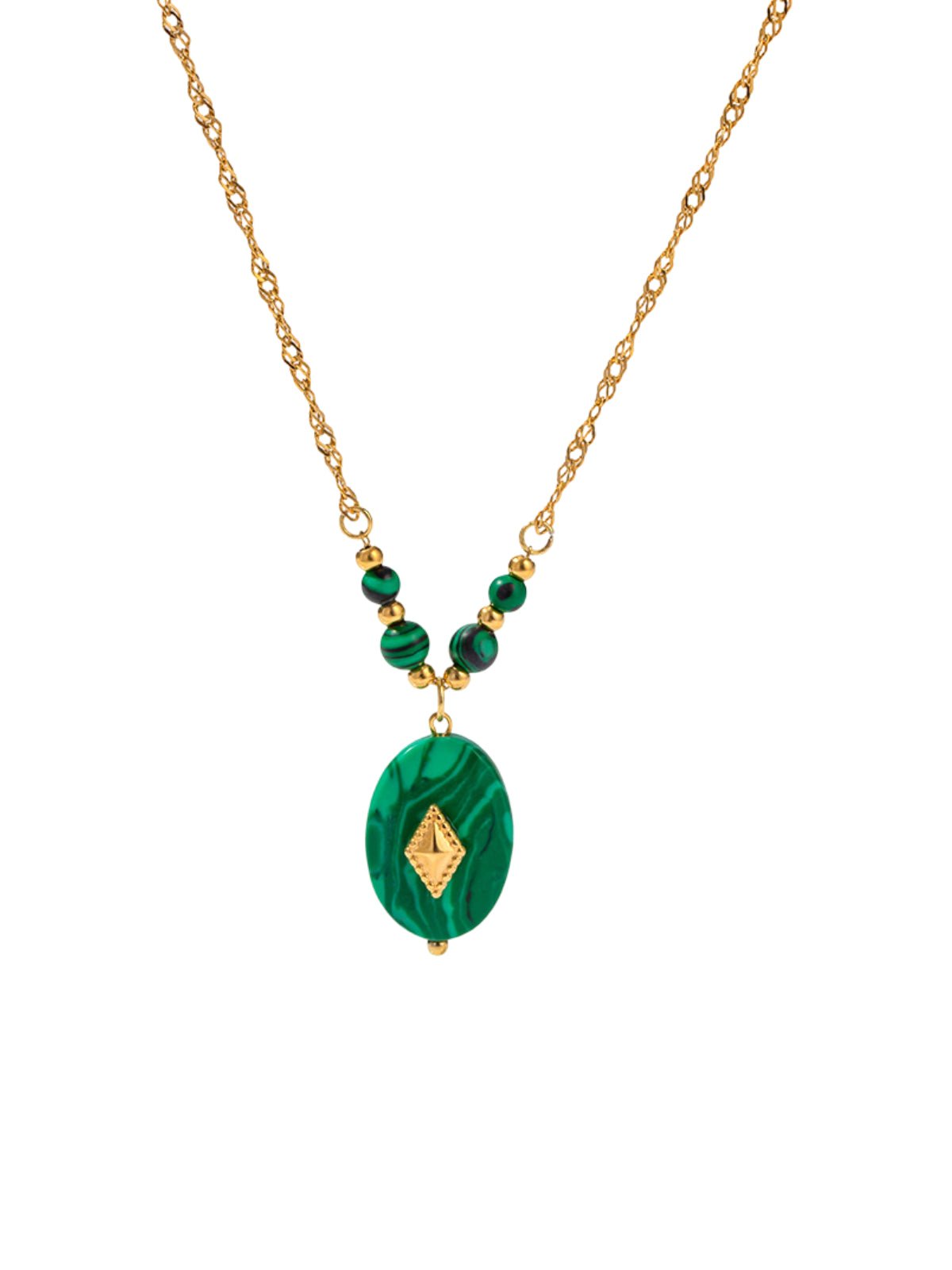 Collier pendentif vert, chaîne dorée, pierre naturelle de malachite, style géométrique, look vintage, modèle Wilza - Collier - Or