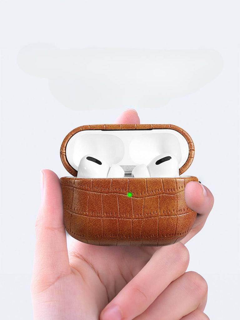 Coque pour AirPods Pro 1 et 2, en simili vegan crocodile, avec mousqueton, protection élégante, modèle Harry - Sacoche - Camel