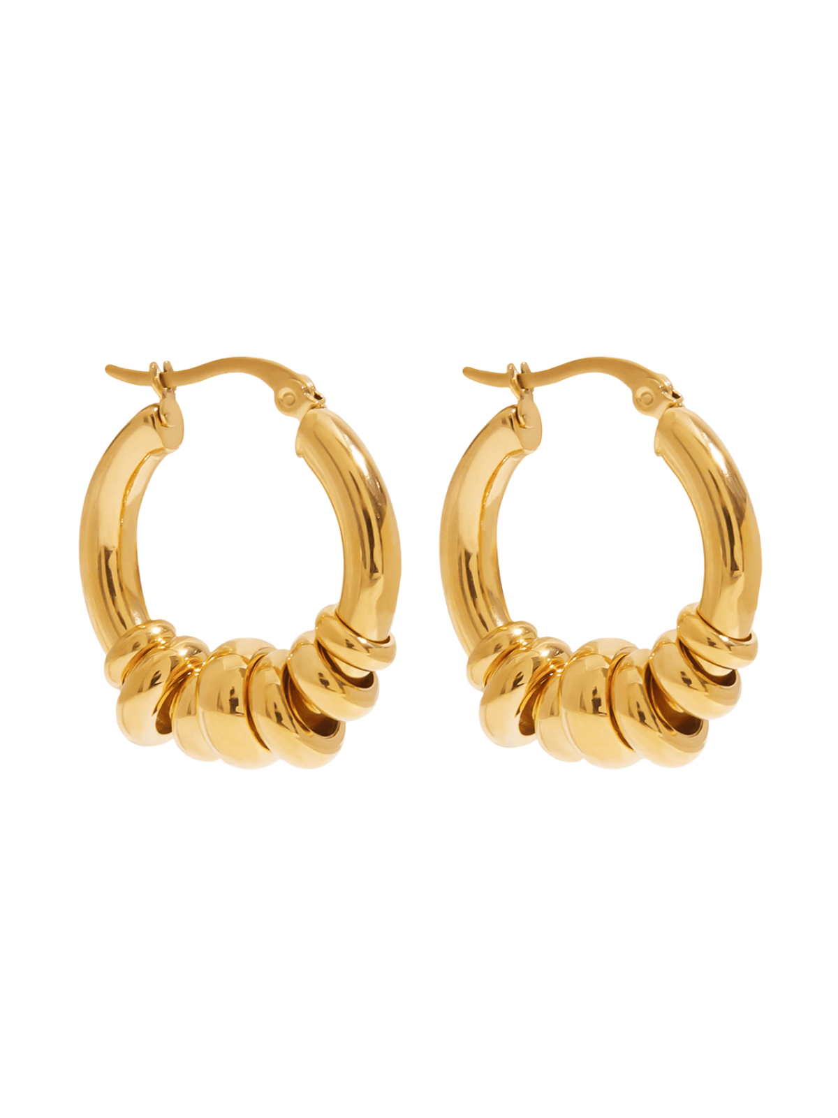 Créoles épaisses bombées, anneaux massifs argentés, acier inoxydable, effet perles mobiles, fermeture à cliquet, modèle Aurélie - Boucles d'oreilles - Or