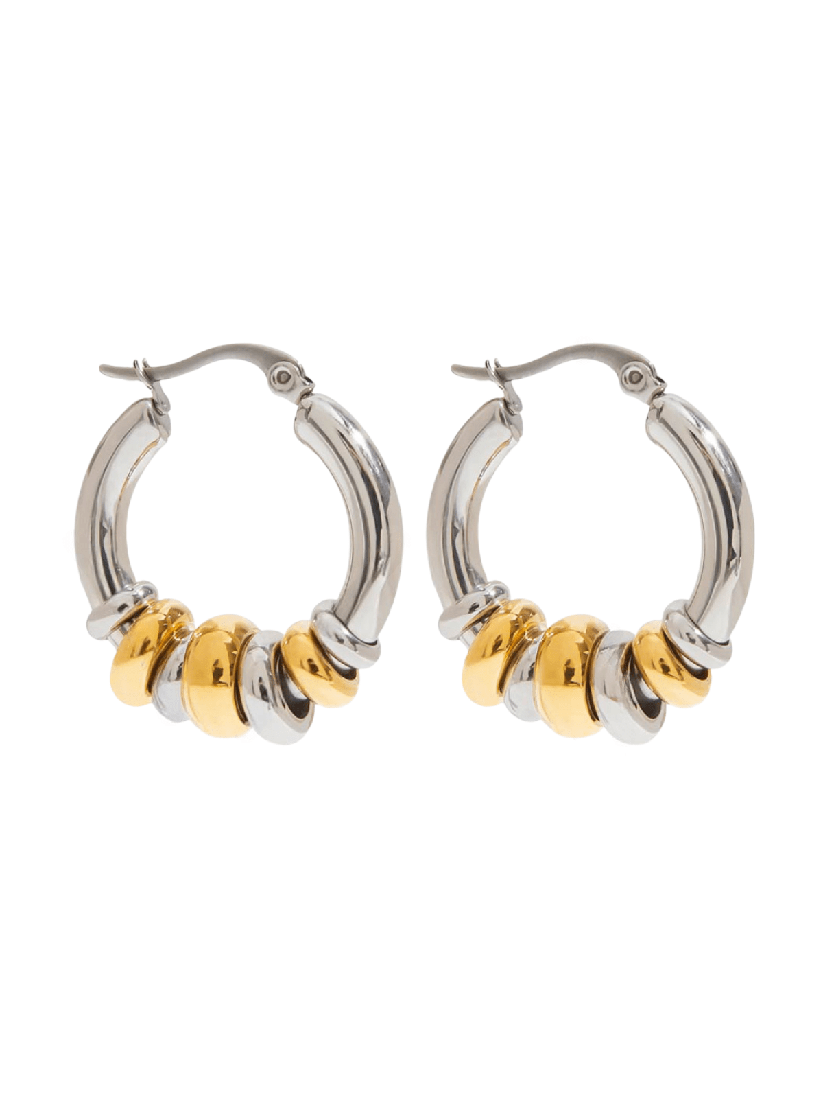 Créoles épaisses bombées, anneaux massifs argentés, acier inoxydable, effet perles mobiles, fermeture à cliquet, modèle Aurélie - Boucles d'oreilles - Or et argent