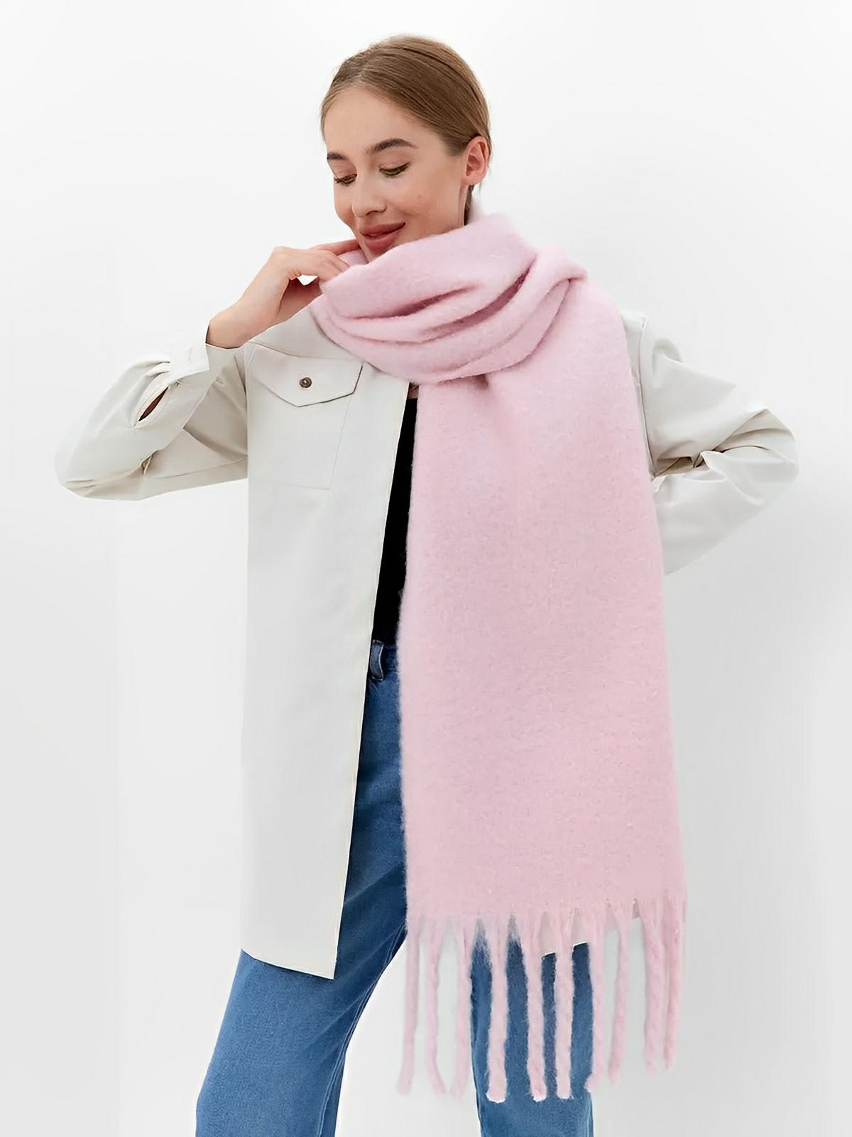 Écharpe femme hiver, longue écharpe chaude, frangée douce, maille unie, 40x210 cm, modèle Justine - Écharpe - Rose