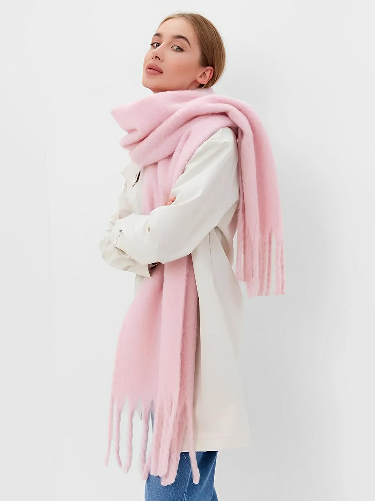 Écharpe femme hiver, longue écharpe chaude, frangée douce, maille unie, 40x210 cm, modèle Justine - Écharpe - Rose