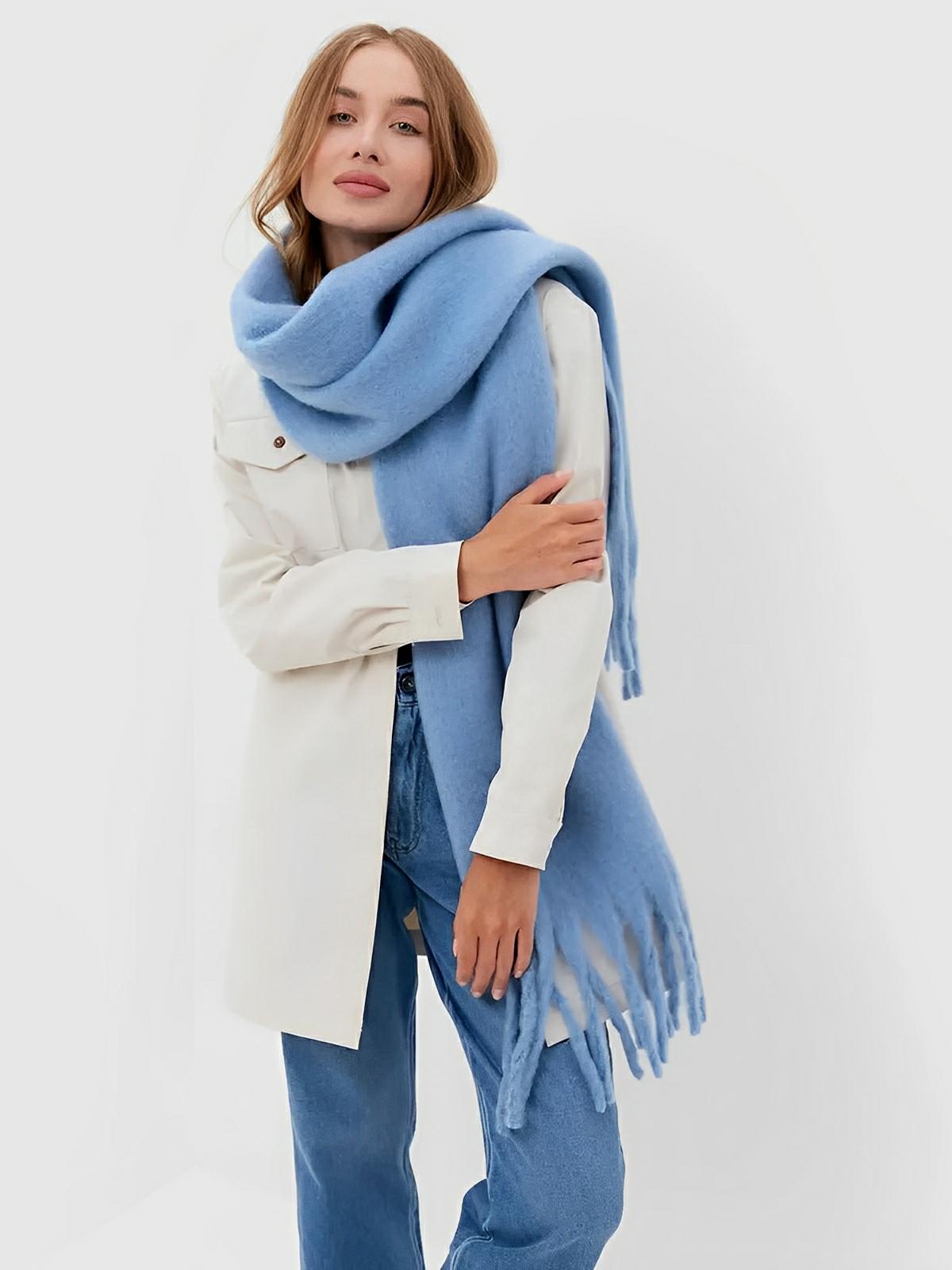 Écharpe femme hiver, longue écharpe chaude, frangée douce, maille unie, 40x210 cm, modèle Justine - Écharpe - Bleu