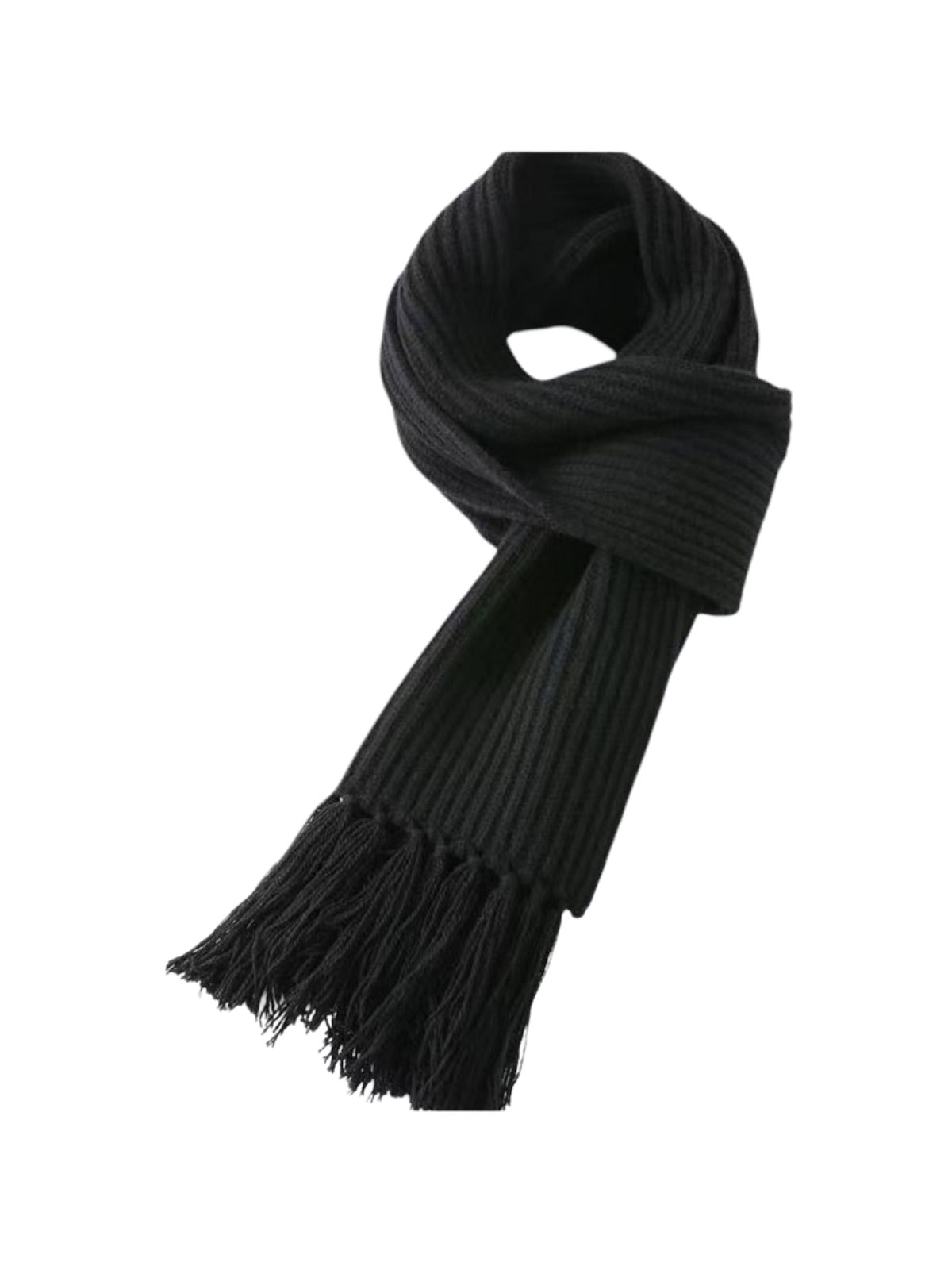 Écharpe unie en pure laine, maille côtelée épaisse, toucher doux, franges torsadées, chaude pour l’hiver, modèle Yvern - Écharpe - Noir