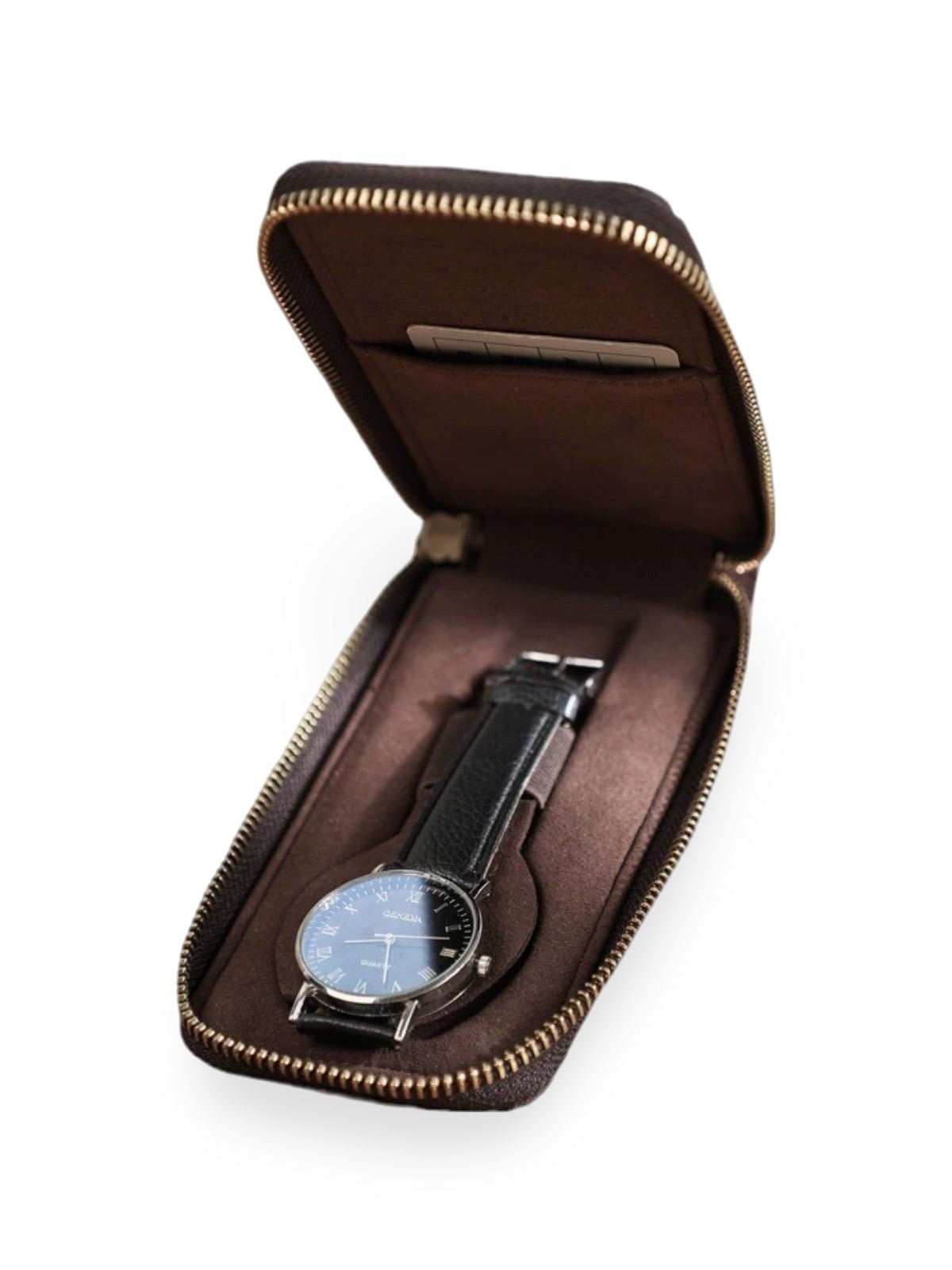 Étui à montres, en cuir, à une capacité, porte - carte intégré, modèle Crispin - Coffret - Café