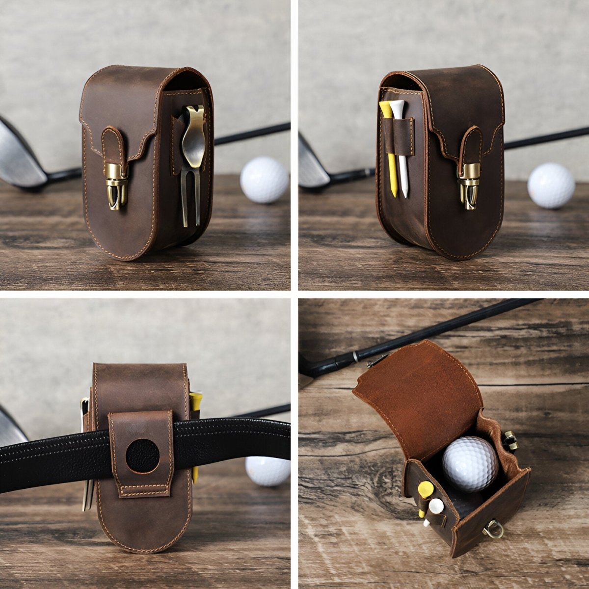 Étui pour balles de golf et tees, en cuir, transportable partout, modèle Amarant - Coffret - Café