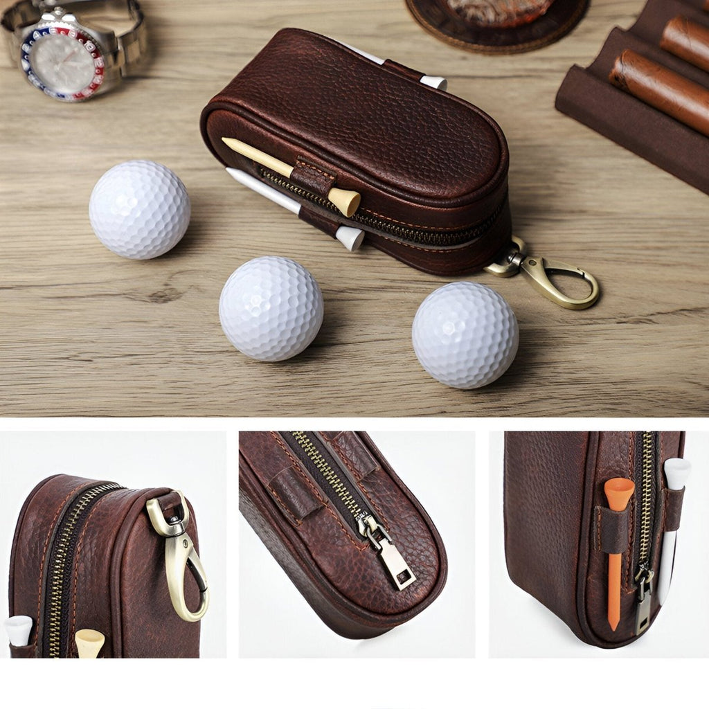 Étui pour balles de golf et tees, en cuir, transportable partout, modèle Ébrard - Coffret - Café