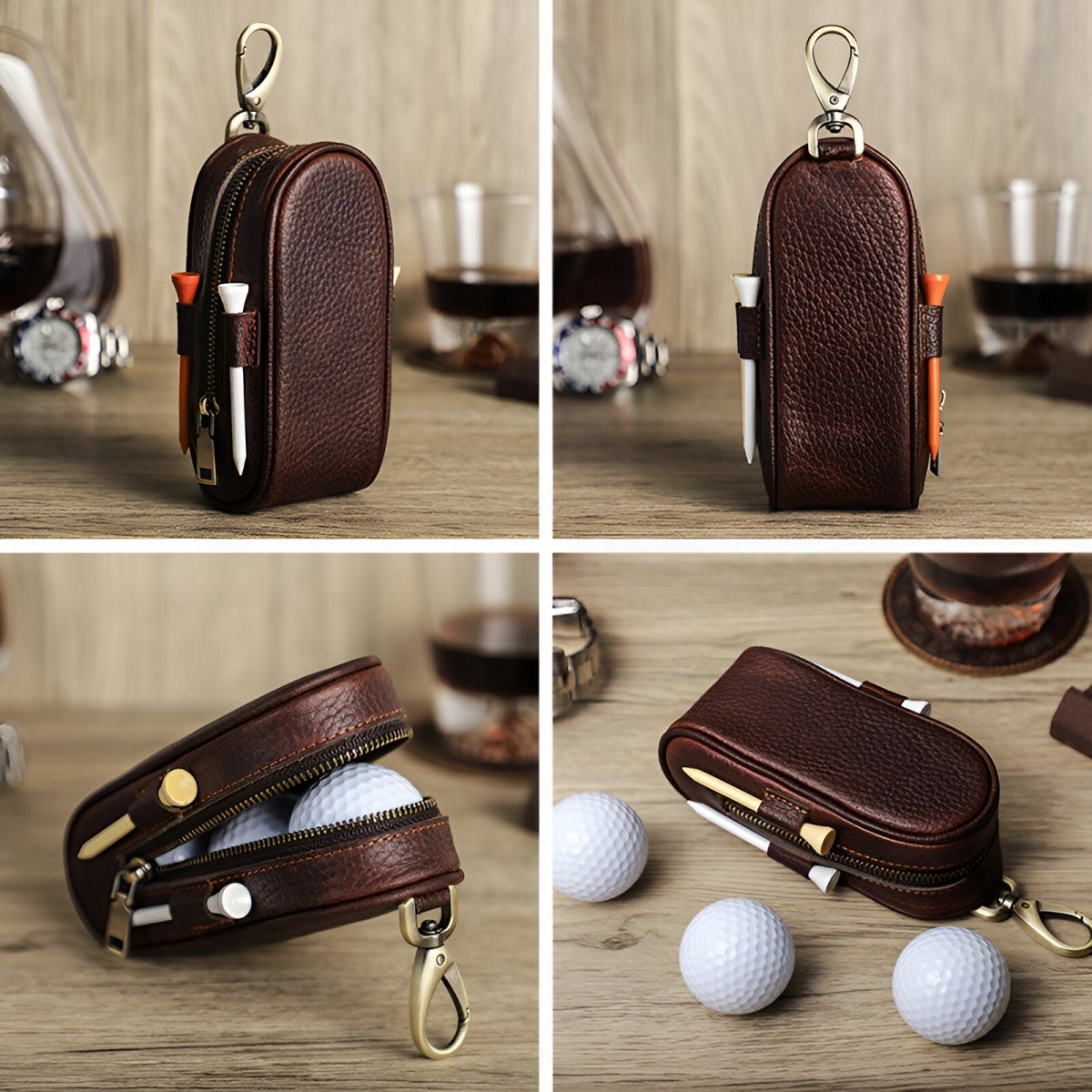 Étui pour balles de golf et tees, en cuir, transportable partout, modèle Ébrard - Coffret - Café