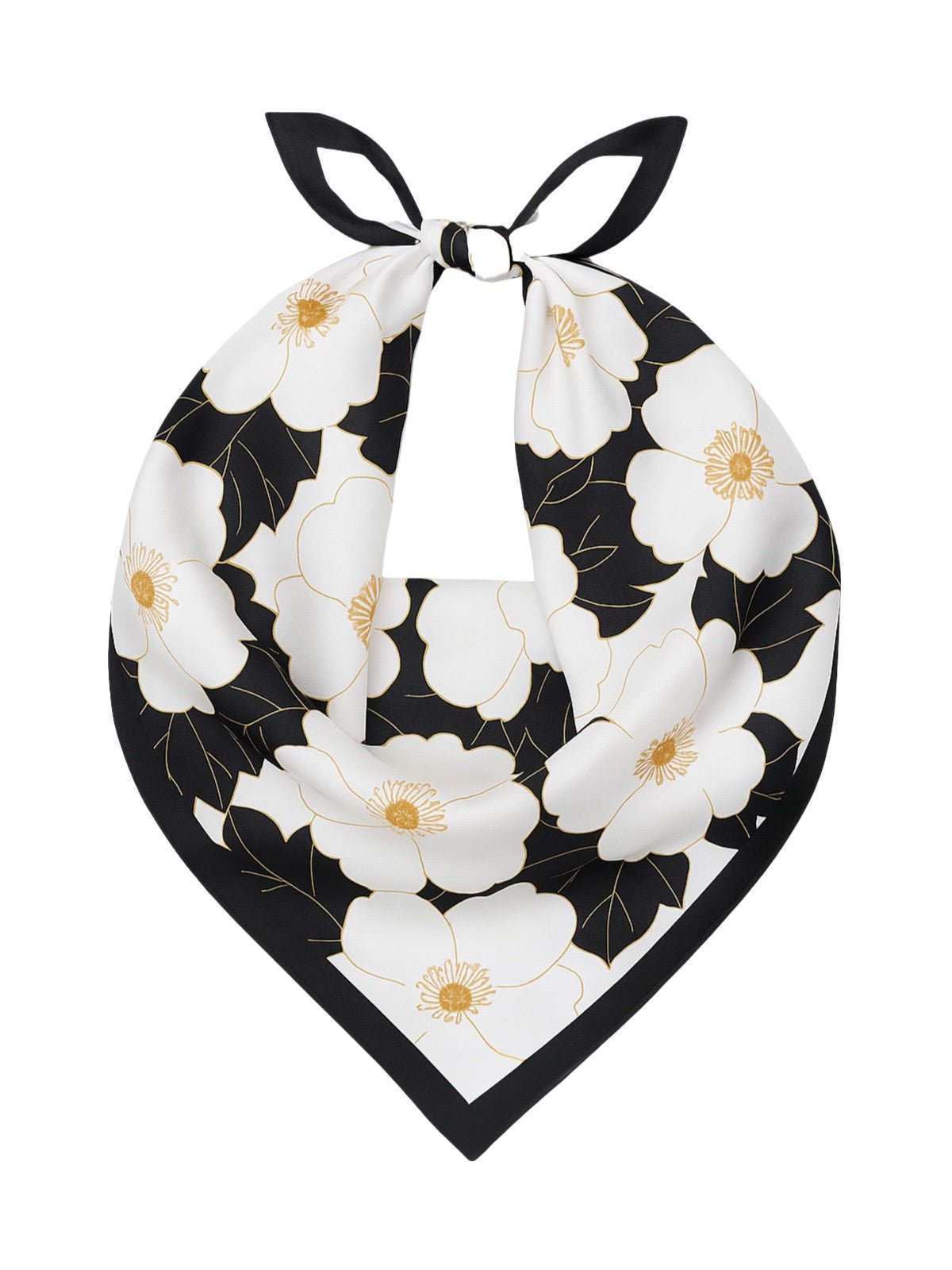 Foulard carré femme, 90x90, imprimé floral noir blanc doré, tissu soyeux léger, accessoire sac ou cou, foulard multifonction été, modèle Lilo - Écharpe - Blanc et noir