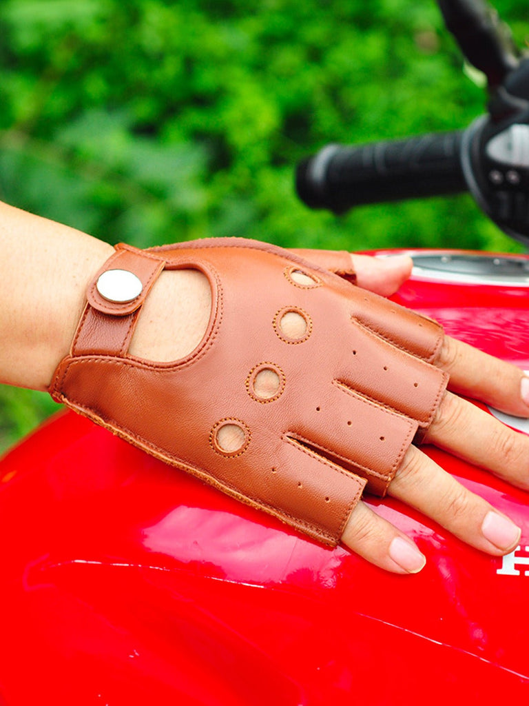 Gants demi - doigt homme cuir, gants moto vintage en cuir, gants de conduite respirants, gants antidérapants ouverts, modèle Mecto - Gants - Marron M