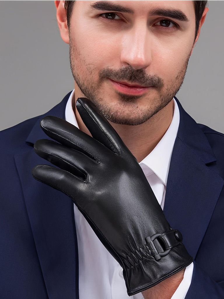 Gants en cuir homme hiver, doublure chaude, toucher tactile, style business, coupe ajustée, cuir noir, modèle Emmanuel