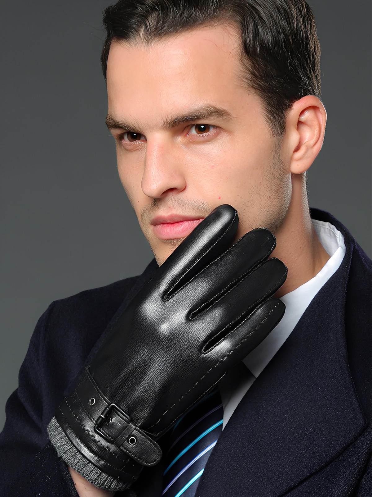 Gants en cuir homme hiver, tactile smartphone, doublure chaude laine, fermeture boucle ajustable, style business noir, modèle Lucien - Gants - Noir M