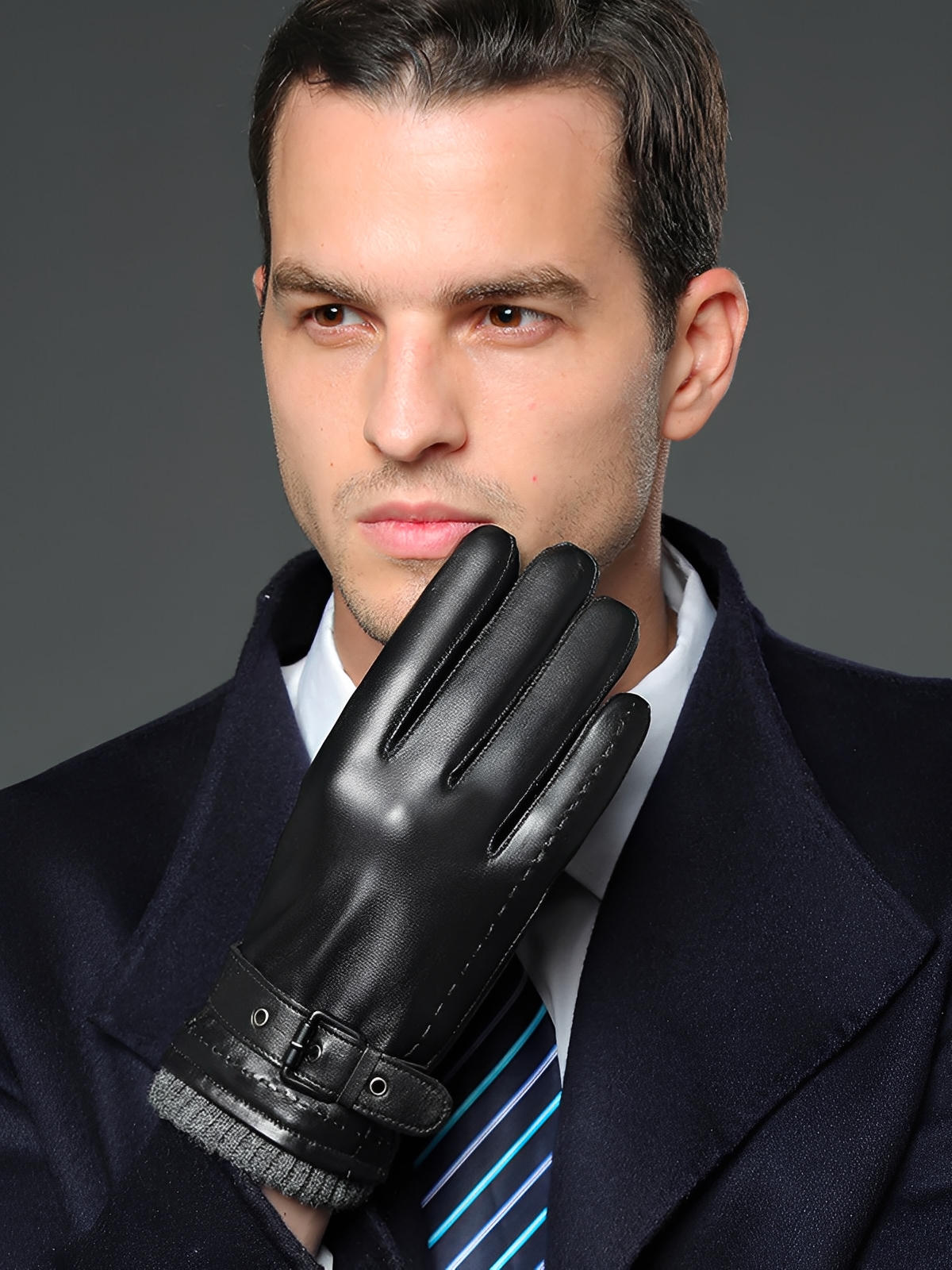 Gants en cuir homme hiver, tactile smartphone, doublure chaude laine, fermeture boucle ajustable, style business noir, modèle Lucien - Gants - Noir M