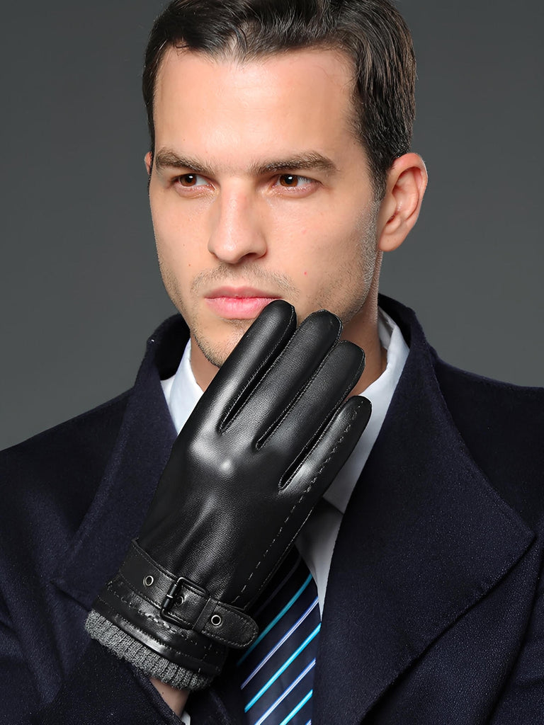 Gants en cuir homme hiver, tactile smartphone, doublure chaude laine, fermeture boucle ajustable, style business noir, modèle Lucien - Gants - Noir M