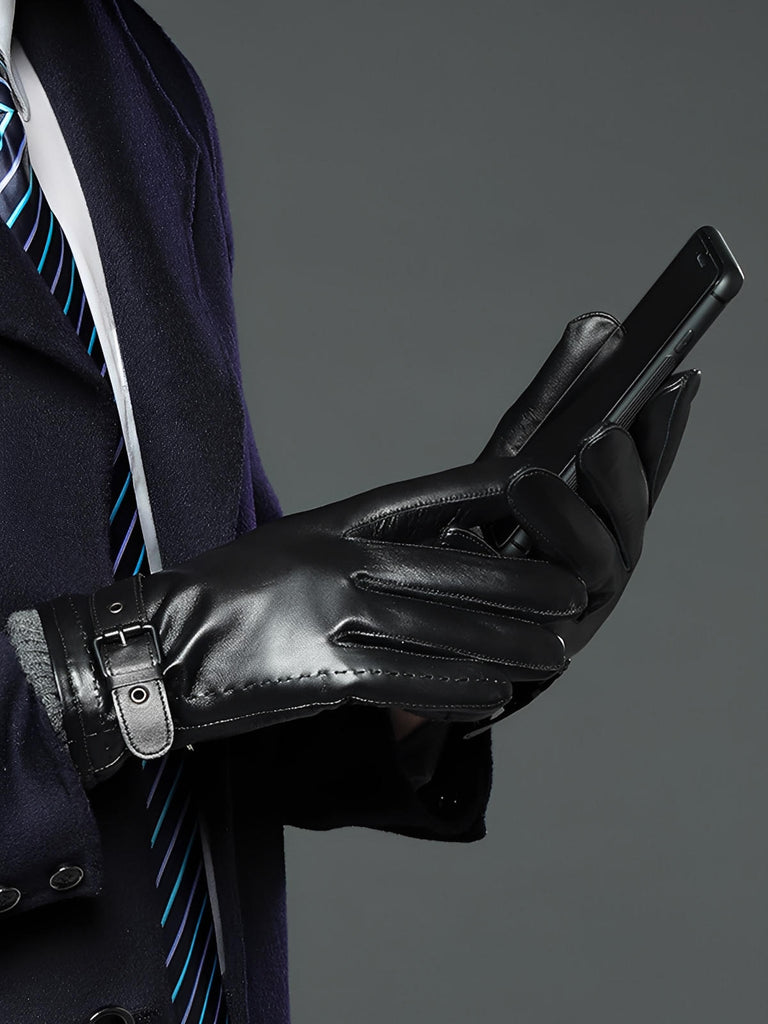 Gants en cuir homme hiver, tactile smartphone, doublure chaude laine, fermeture boucle ajustable, style business noir, modèle Lucien - Gants - Noir M