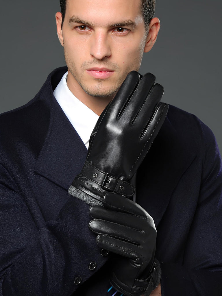 Gants en cuir homme hiver, tactile smartphone, doublure chaude laine, fermeture boucle ajustable, style business noir, modèle Lucien - Gants - Noir M