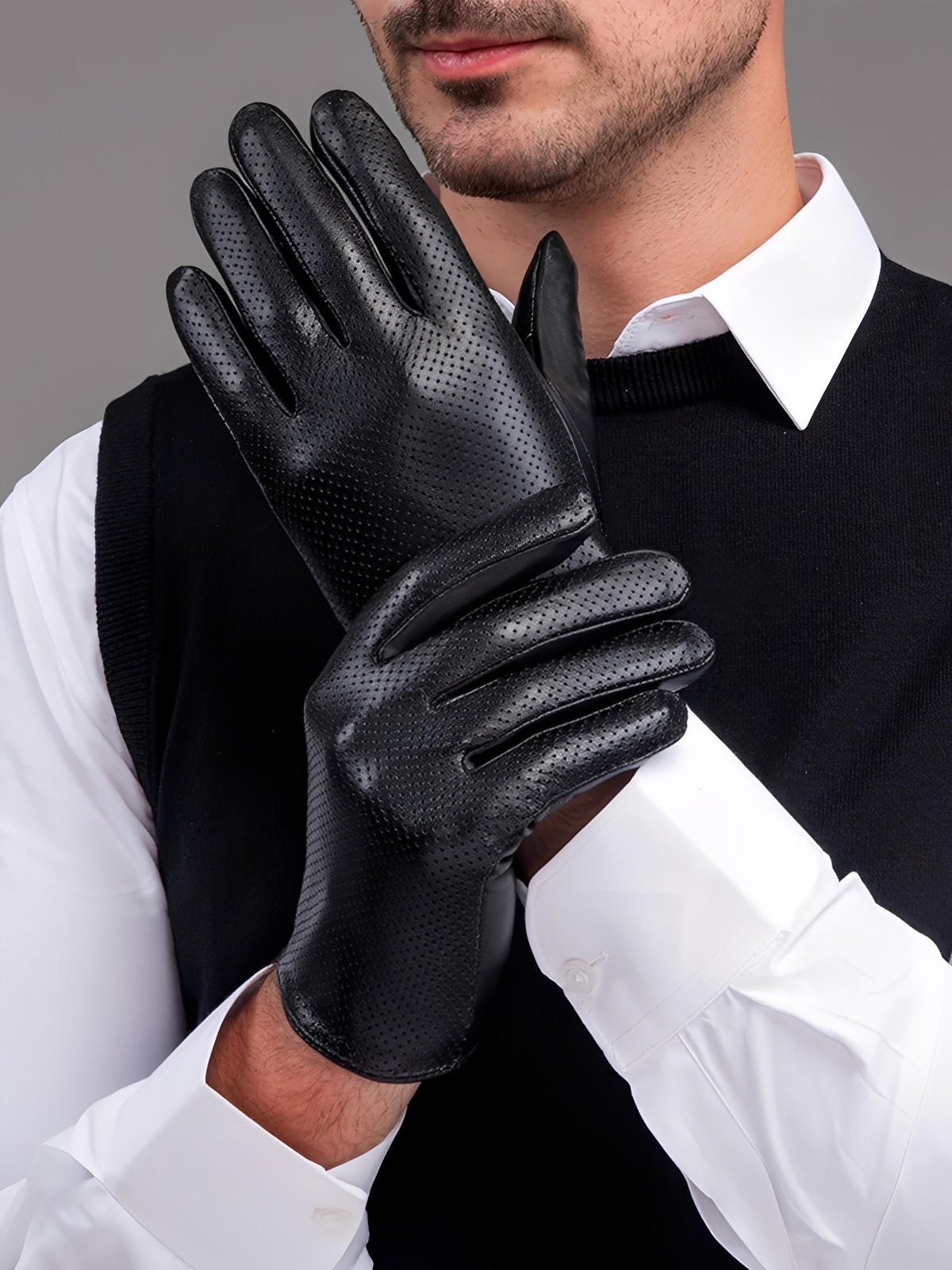 Gants en cuir homme printemps, gants tactiles cuir, gants microperforés légers, gants bouton pression habillés, gants de conduite homme, modèle Guillaume
