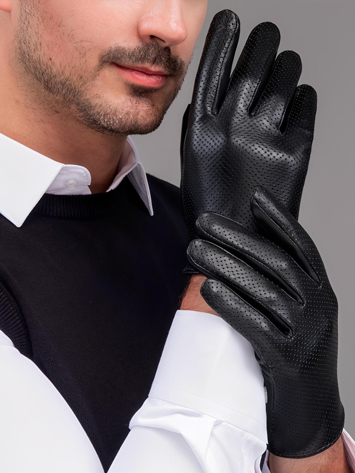 Gants en cuir homme printemps, gants tactiles cuir, gants microperforés légers, gants bouton pression habillés, gants de conduite homme, modèle Guillaume