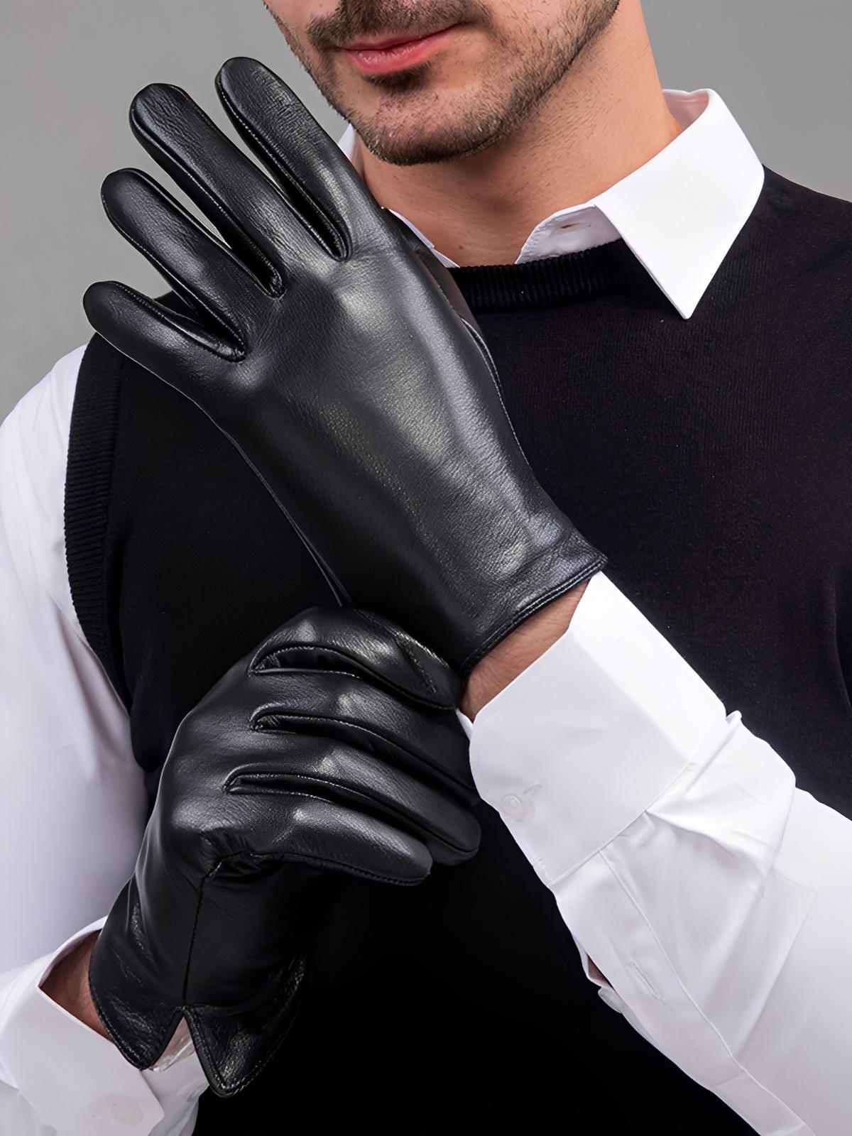 Gants en cuir noir homme, intérieur laine chaude, style business hivernal, gants tactiles hiver, gants doublés chauds, cuir véritable souple, gants élégants noirs, protection contre le froid, modèle Doby - Gants - Noir L